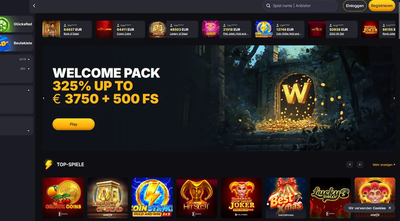 Startseite von Winhero mit Willkommenspaket und Top-Spielen