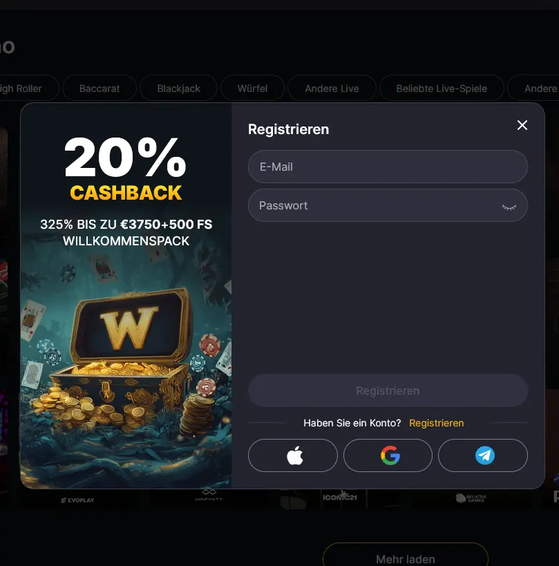 Registrierungsformular bei Winhero mit E-Mail, Passwort und Willkommenspaket