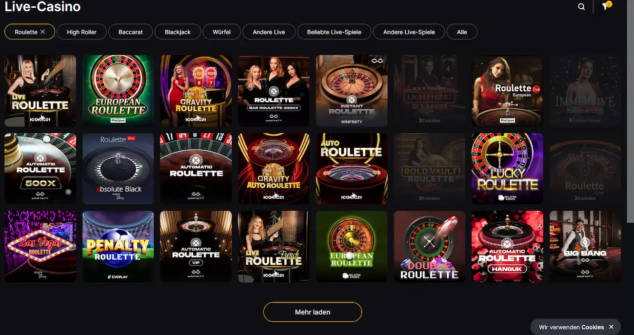 Roulette-Tische im Live-Casino der Winhero App