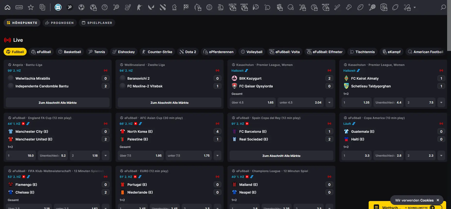 Sportwettenbereich von Winhero mit Live-Wetten auf Fußball und weitere Sportarten